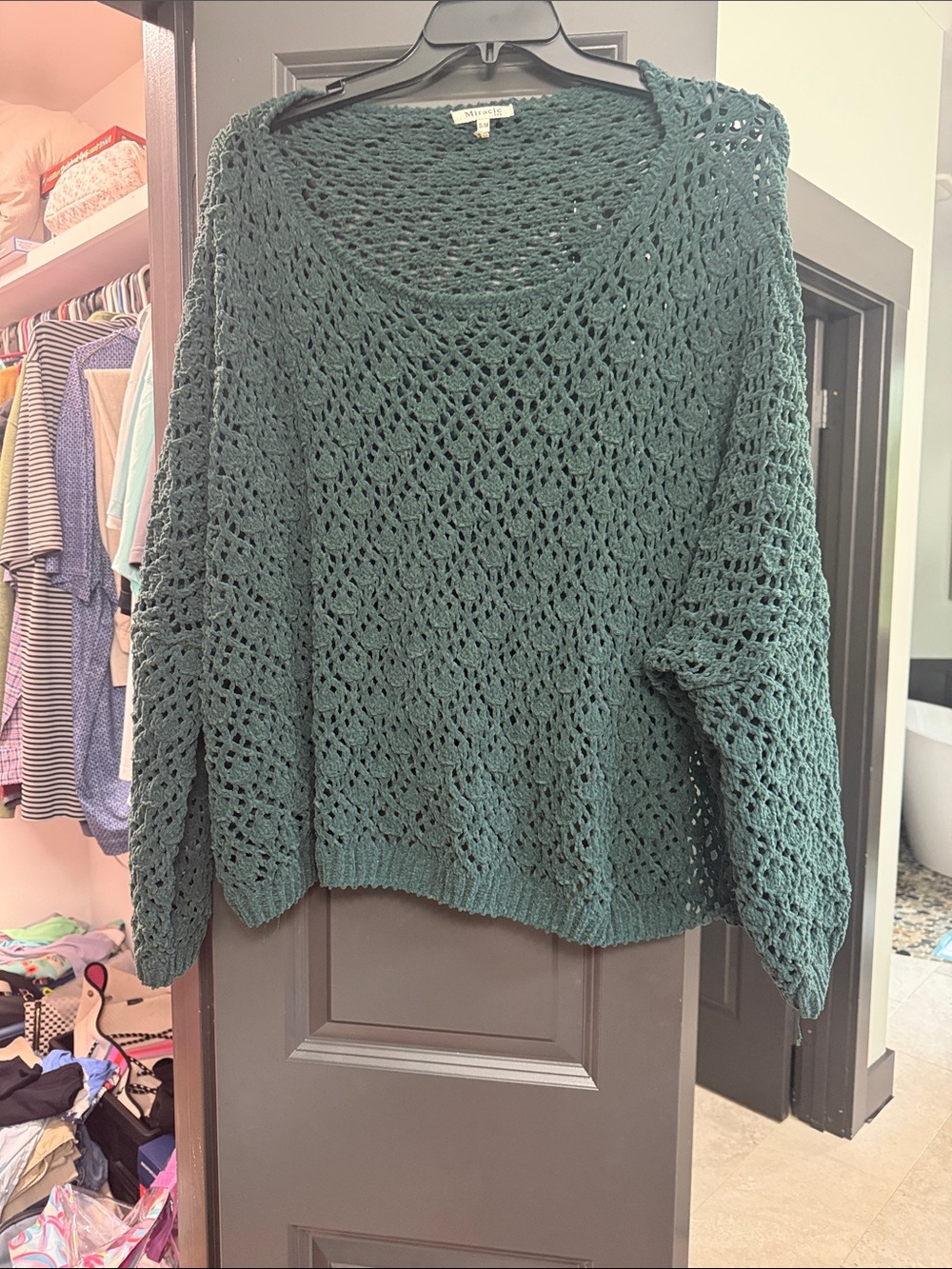 Miracle Dark Green Open-Knit Off-Shoulder Sweater